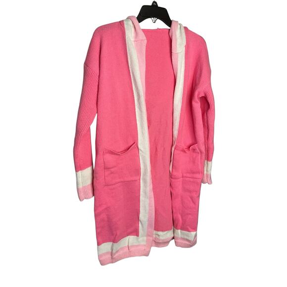 Womens Hooded Long Knit Cardigan Open Front Colorblock Pink Womens Size L NWT - Picture 1 of 4